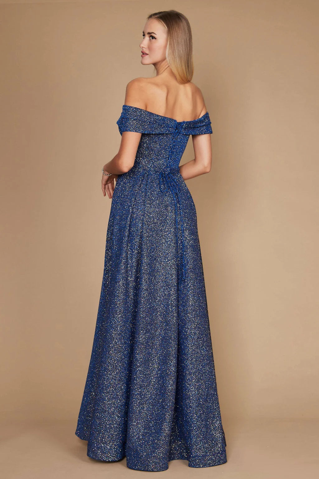 11370 Soft royal sparkle A-line, off shoulder with split