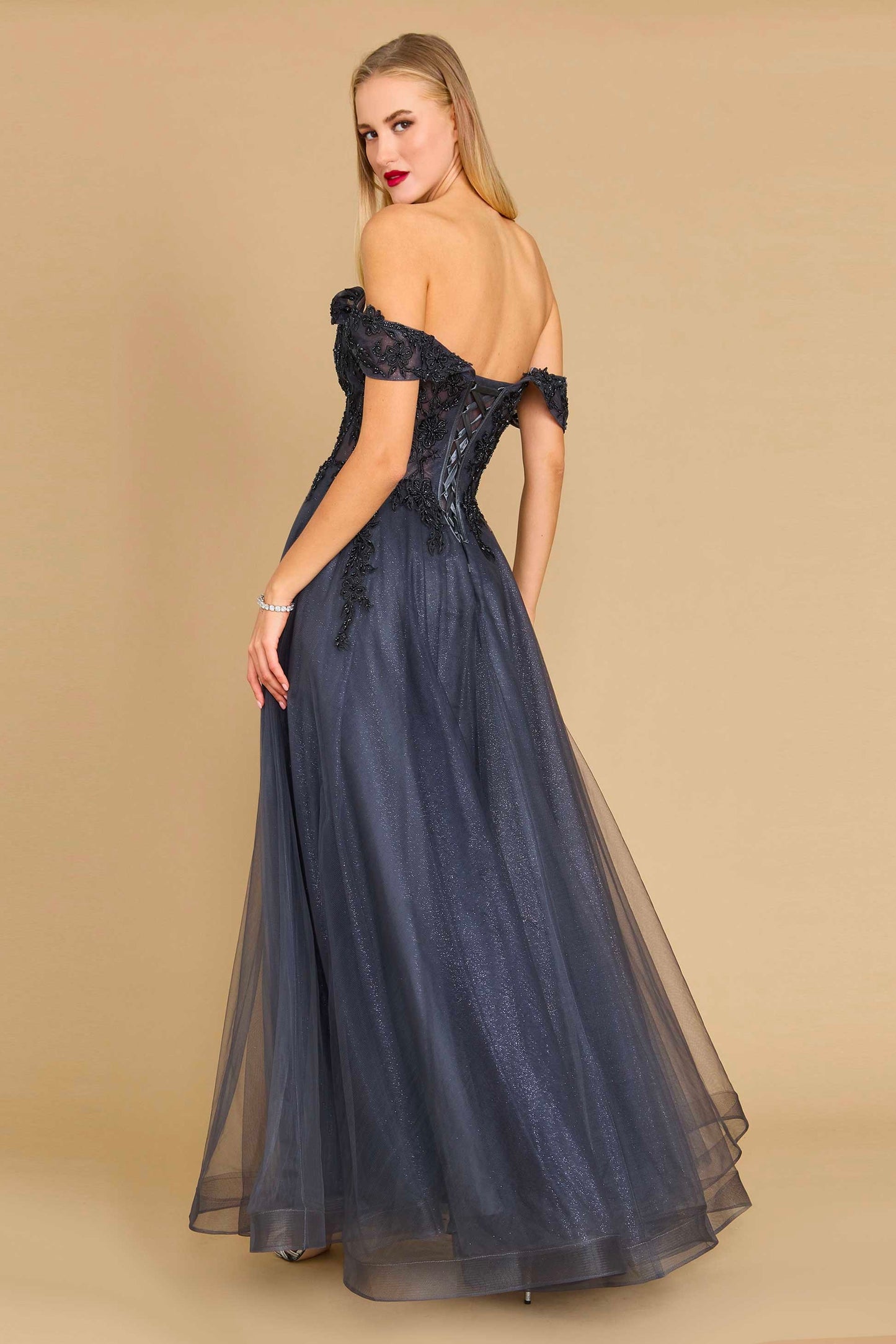 11375CH Charcoal sparkle tulle. Princess off shoulder.