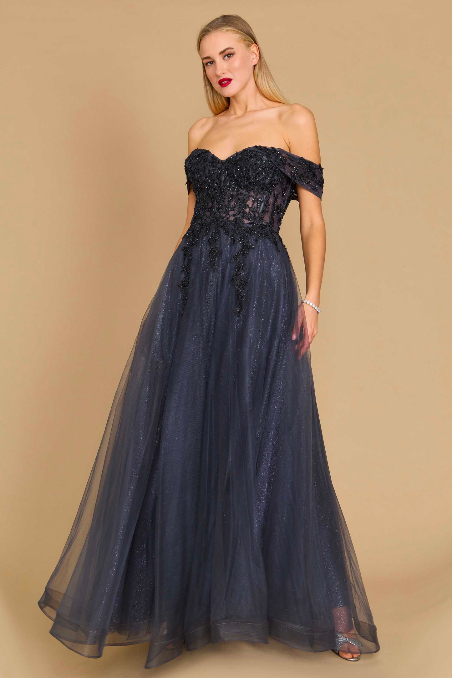 11375CH Charcoal sparkle tulle. Princess off shoulder.