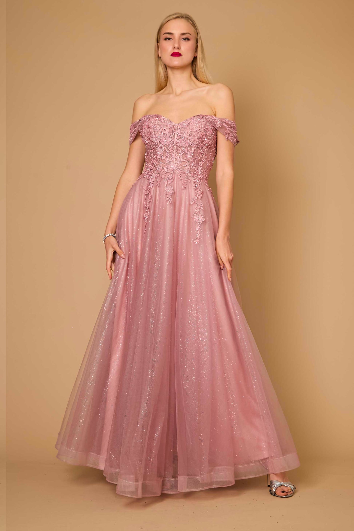 11375M Mauve sparkle tulle modern princess off shoulder.