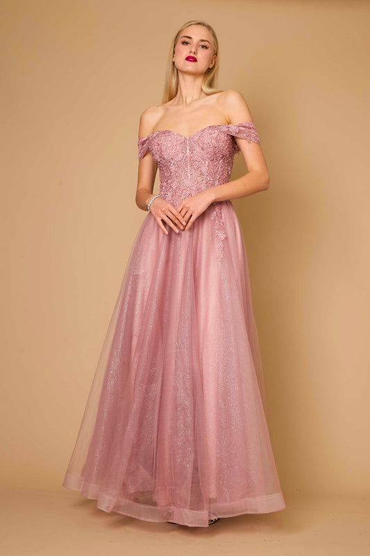 11375M Mauve sparkle tulle modern princess off shoulder.