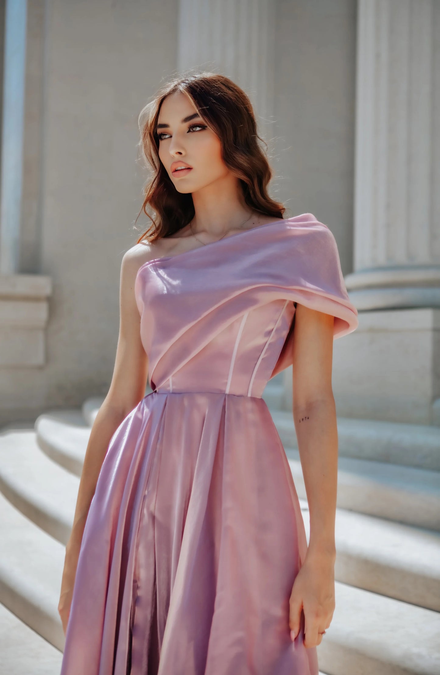 11377 TK315 Silky organza/satin, one shoulder Tea length dress