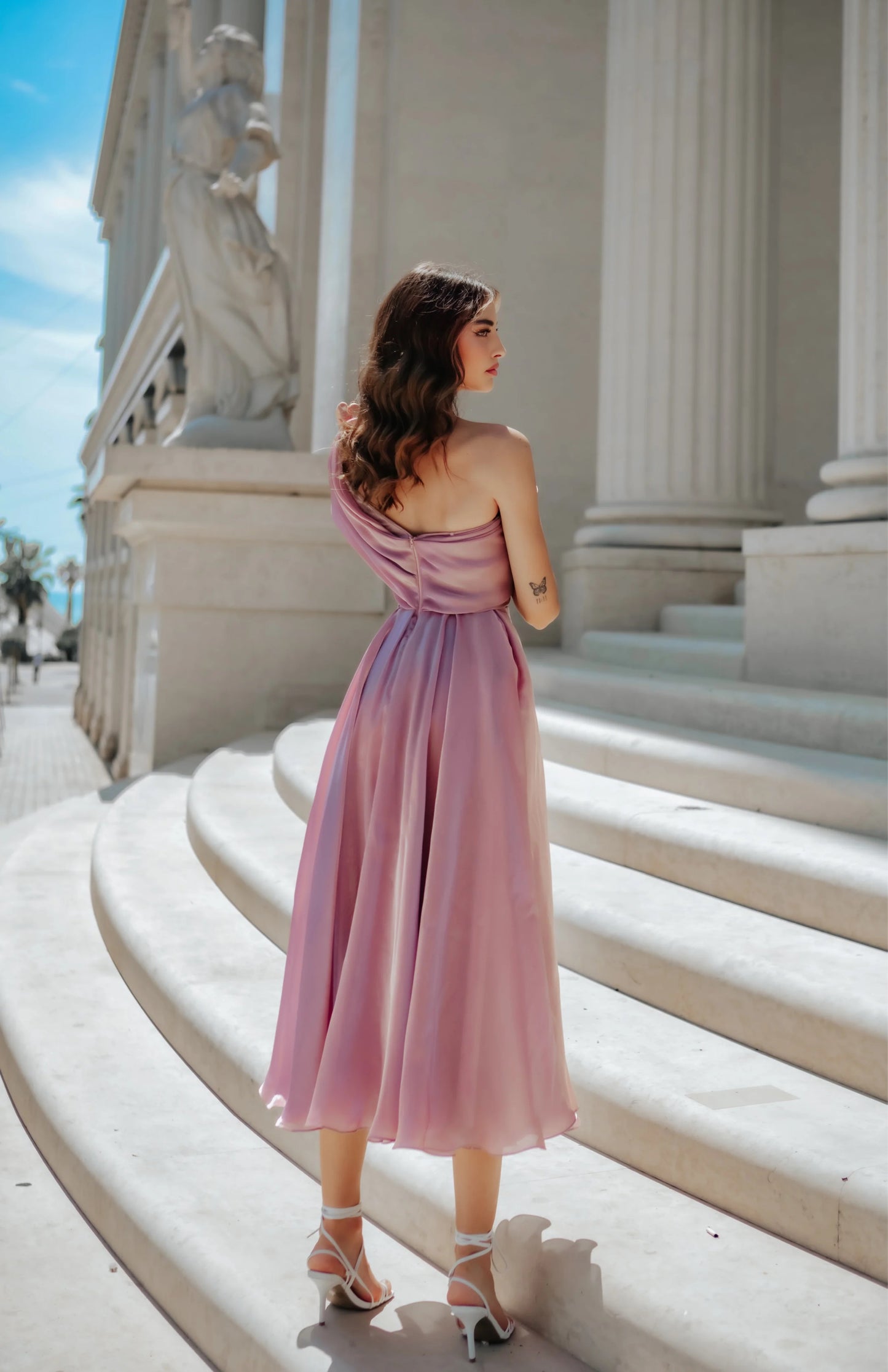 11377 TK315 Silky organza/satin, one shoulder Tea length dress