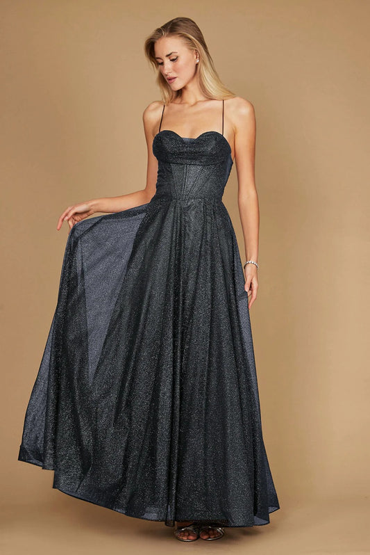 11380CH Charcoal, Long Sparkling Cowl Corset A-line with split.