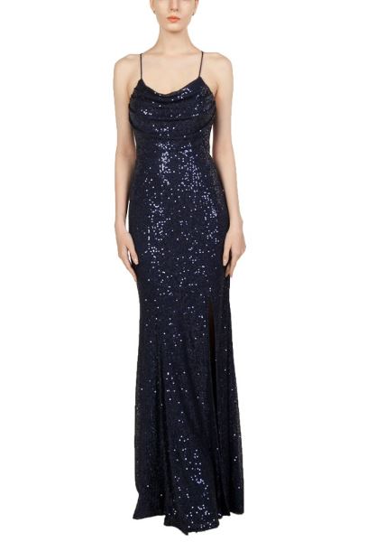 11390N navy fitted, soft sequin, low open back, split.