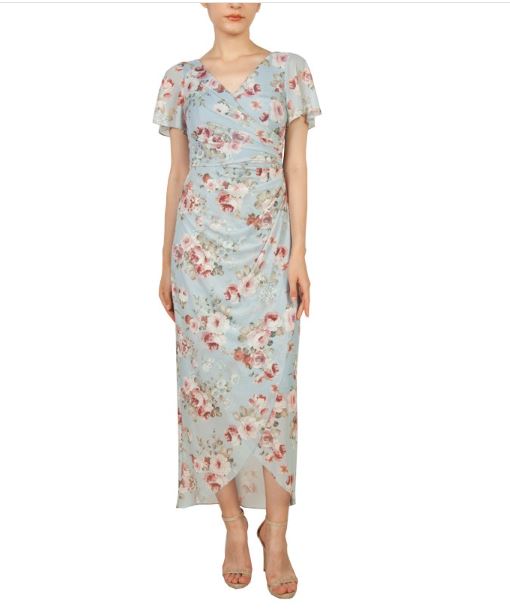 11398 Soft blue and pink floral midi. Semi fitted