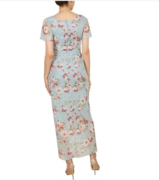 11398 Soft blue and pink floral midi. Semi fitted