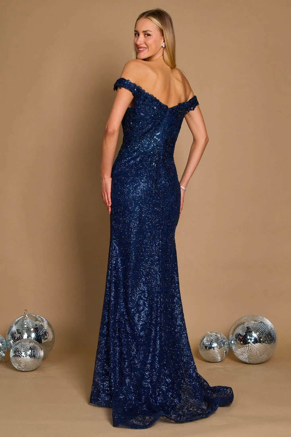 11420 Navy sequined mermaid. Off shoulder.