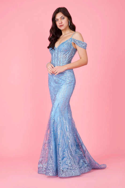 11422  Blue with silver detail mermaid. Off shoulder