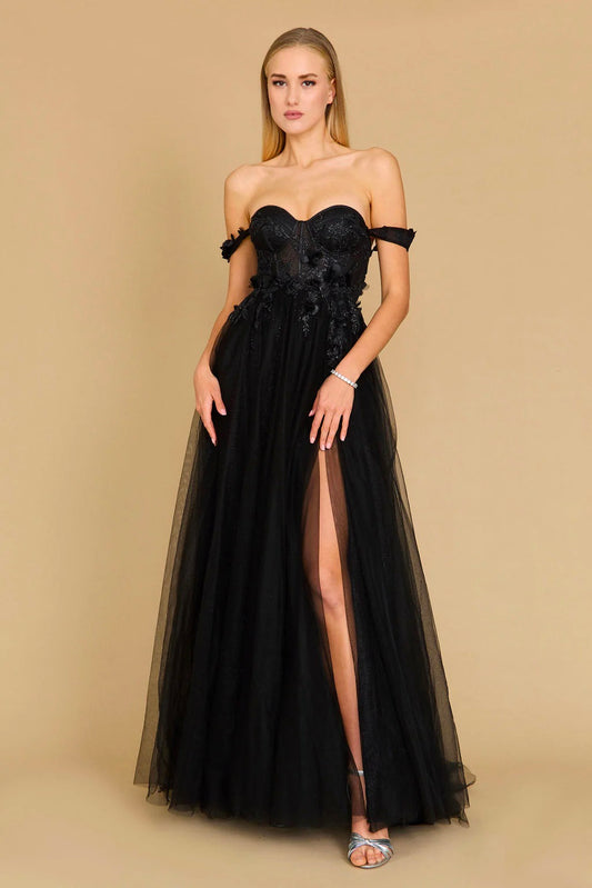 11425 Black, off shoulder, corset with 3d detail. A-line