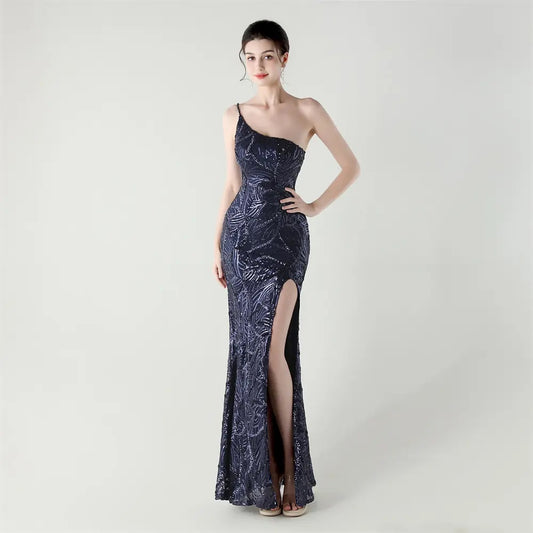 11435N Sparkle with detail. One shoulder mermaid. Split.