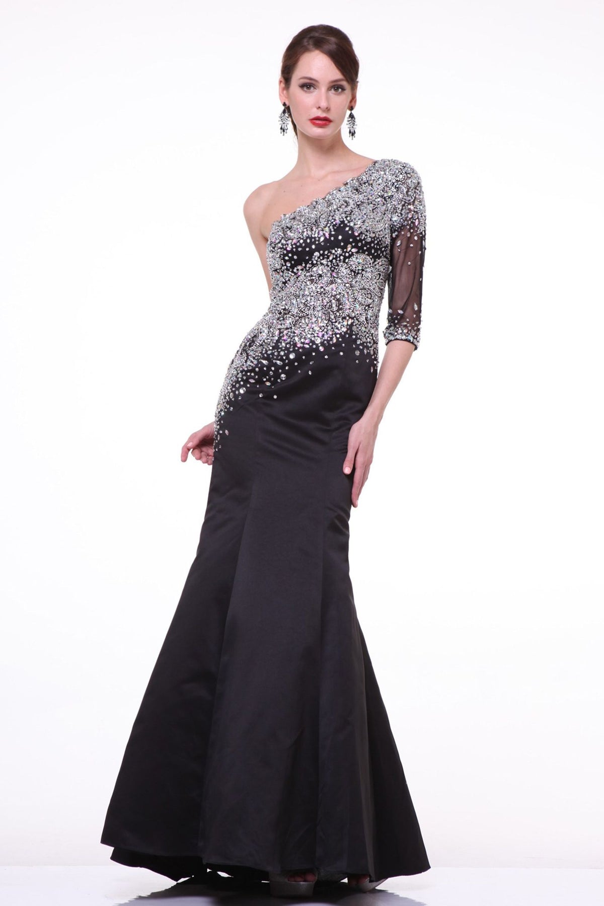 11441 Black satin. One sleeve. Very beaded bodice