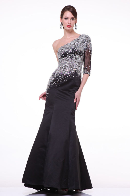 11441 Black satin. One sleeve. Very beaded bodice