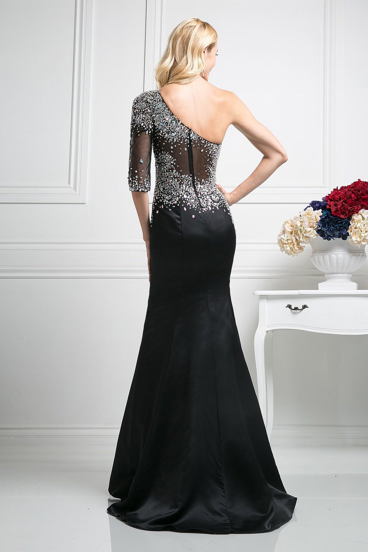 11441 Black satin. One sleeve. Very beaded bodice