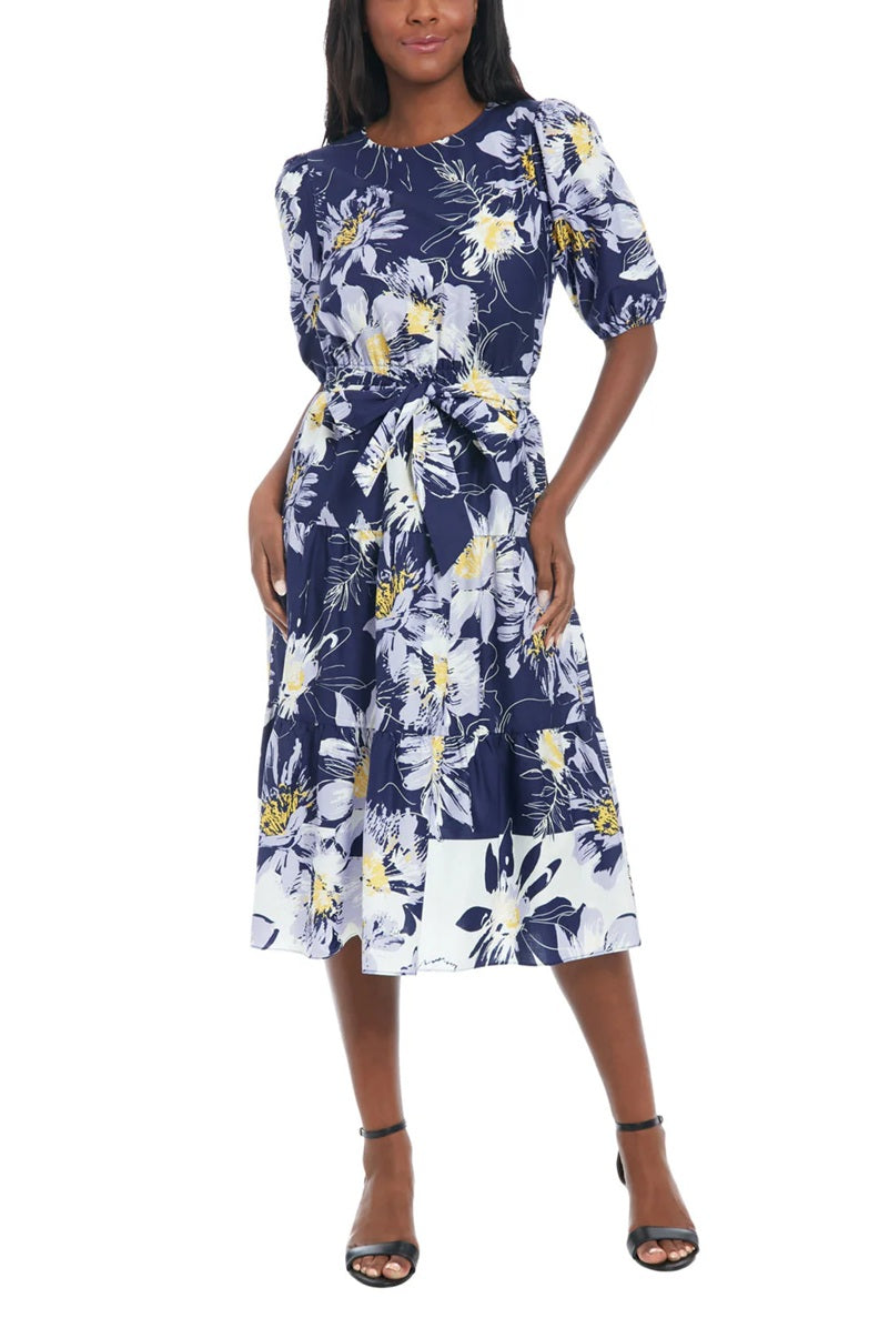 11476 Navy and ivory tiered midi dress with sleeves