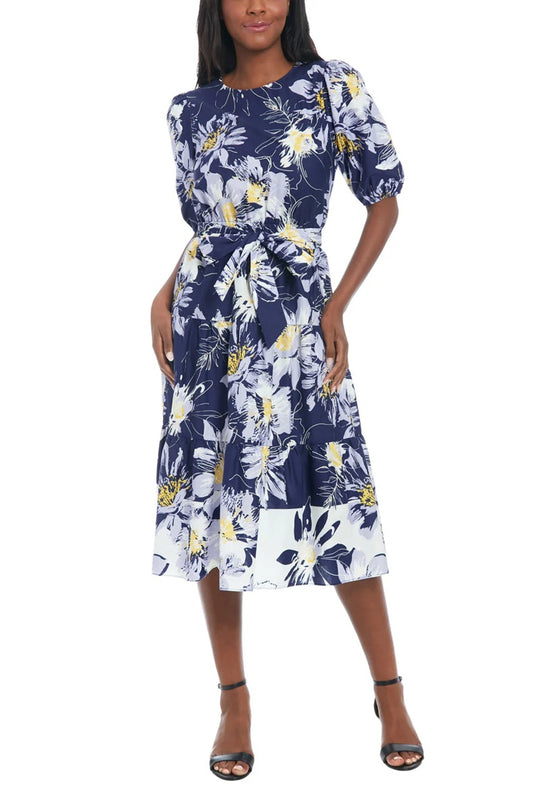 11476 Navy and ivory tiered midi dress with sleeves