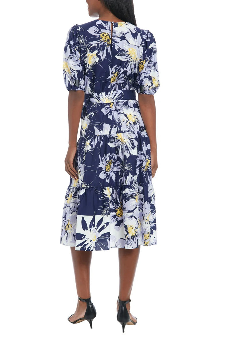11476 Navy and ivory tiered midi dress with sleeves