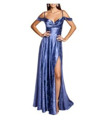 11489 Chambray  blue satin a line with split and off shoulder