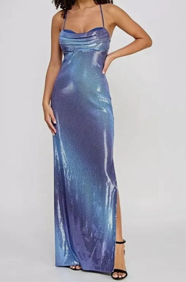 11490  Blue Ombré Sequins Lace-Up Back