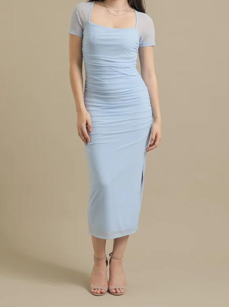 11504 Light blue mesh stretchy semi fitted short sleeve HIRE