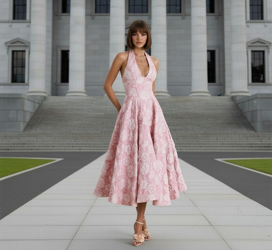 11512 Pink jacquard vintage style midi  HIRE