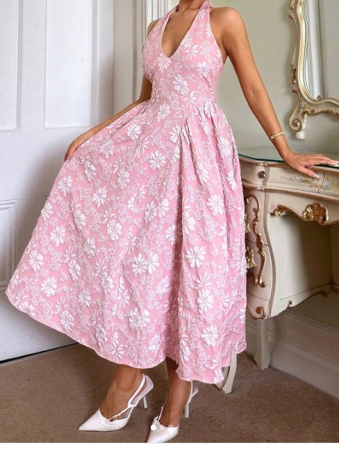 11512 Pink jacquard vintage style midi.