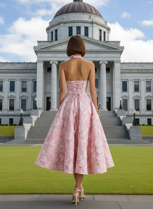 11512 Pink jacquard vintage style midi  HIRE