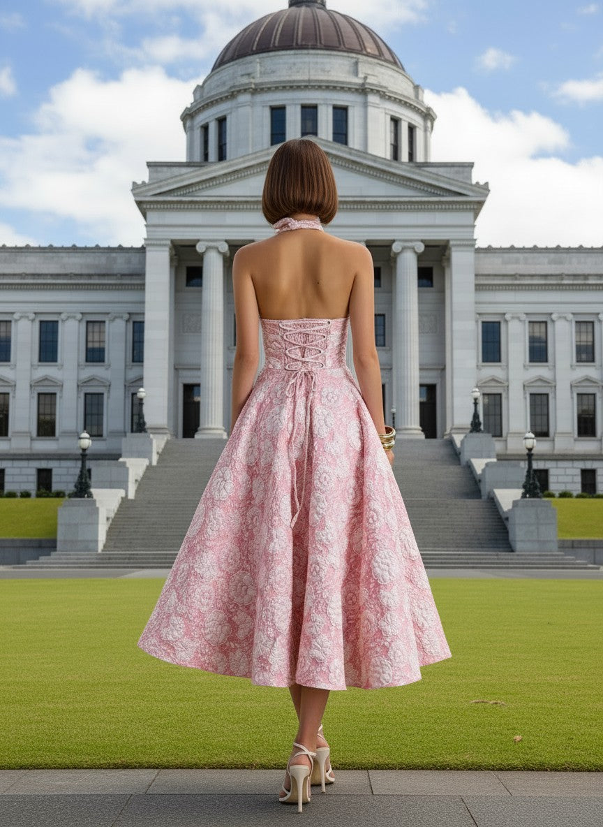 11512 Pink jacquard vintage style midi.