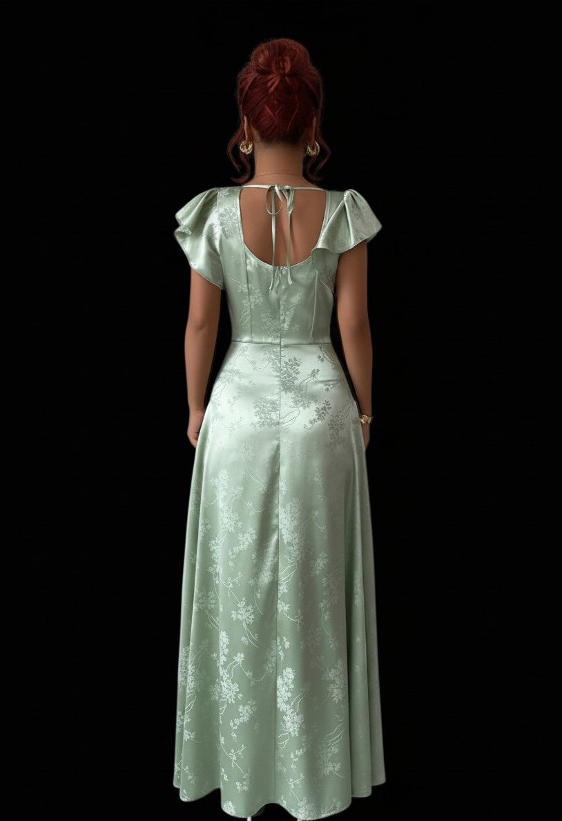 11514 Green floral, square neck, maxi, split