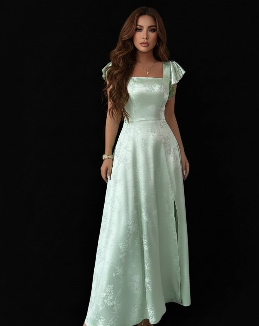 11514 Green floral, square neck, maxi, split