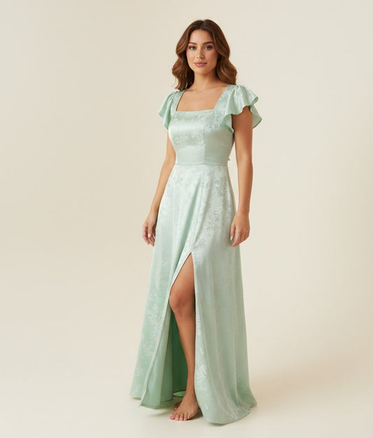 11514 Green floral, square neck, split. HIRE.