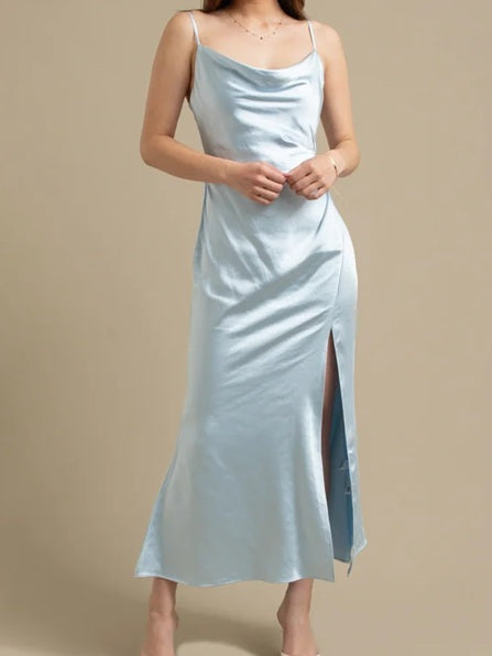 11521 Baby blue, soft satin, with cowl neck. HIRE