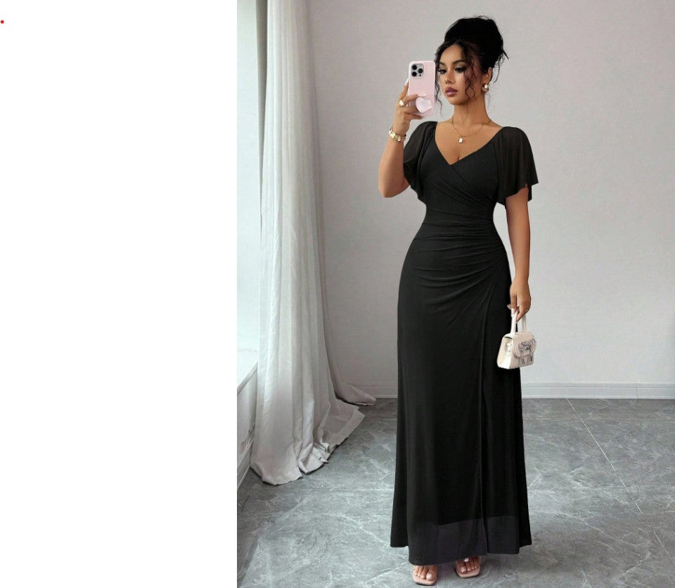 11540 Black mesh stretchy semi fitted flutter sleeve