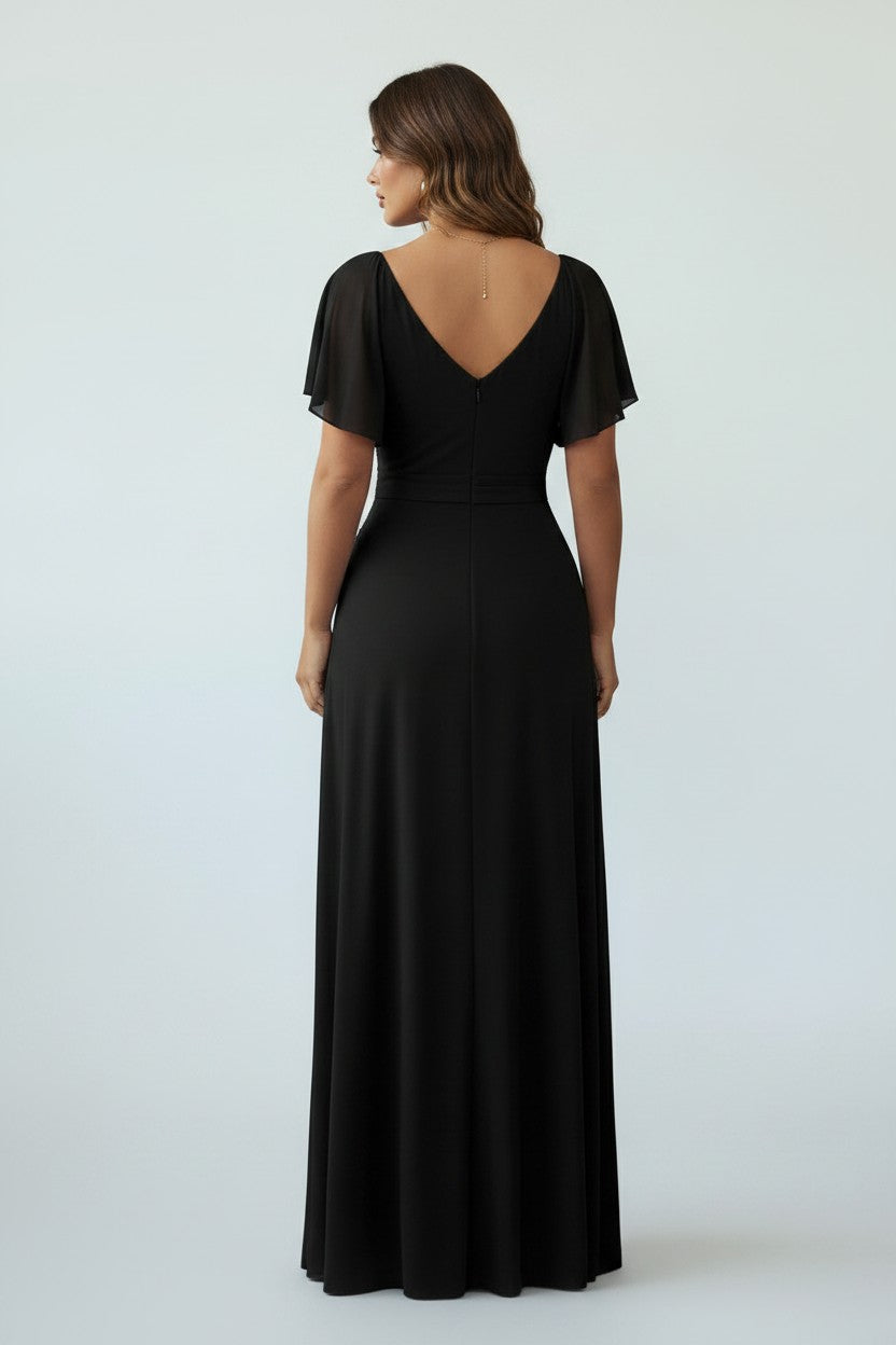 11540 Black mesh stretchy semi fitted flutter sleeve