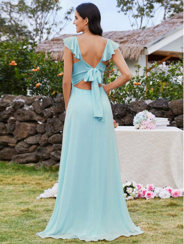11541 Baby blue chiffon, square neckline, soft tie back. HIRE