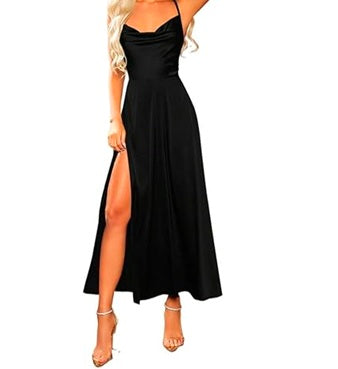 11542 Black satin cowl neck midi