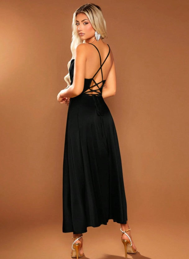 11542 Black satin cowl neck midi. HIRE.