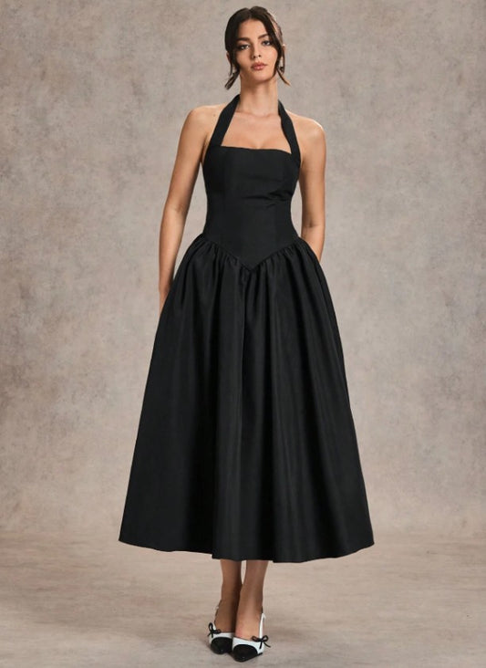 11543 Black cotton vintage style, halter midi.