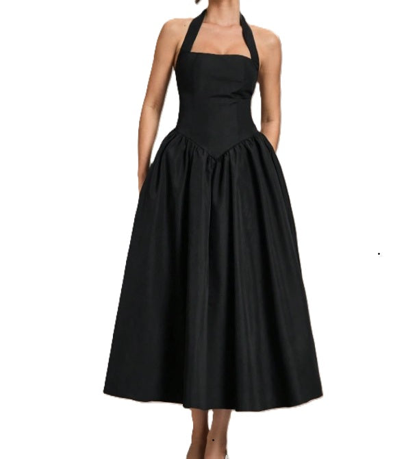 11543 Black cotton vintage style, halter midi.