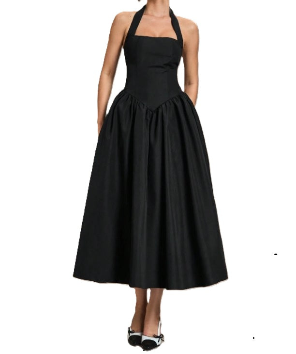 11543 Black cotton vintage style, halter midi. HIRE.