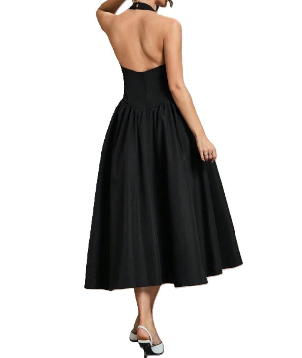 11543 Black cotton vintage style, halter midi. HIRE.
