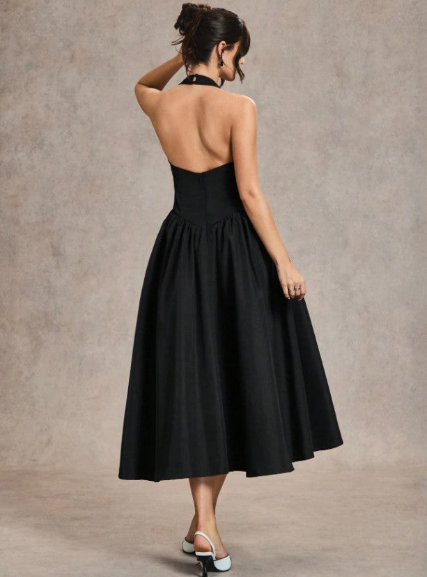 11543 Black cotton vintage style, halter midi.