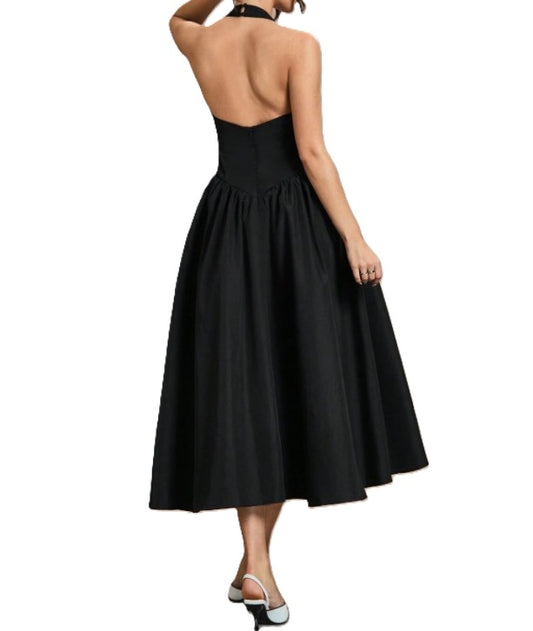 11543 Black cotton vintage style, halter midi.