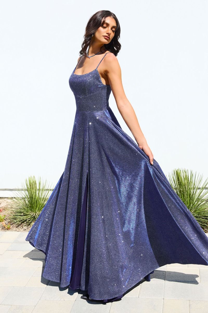 11550N Navy, Long Sparkling A-line with split.