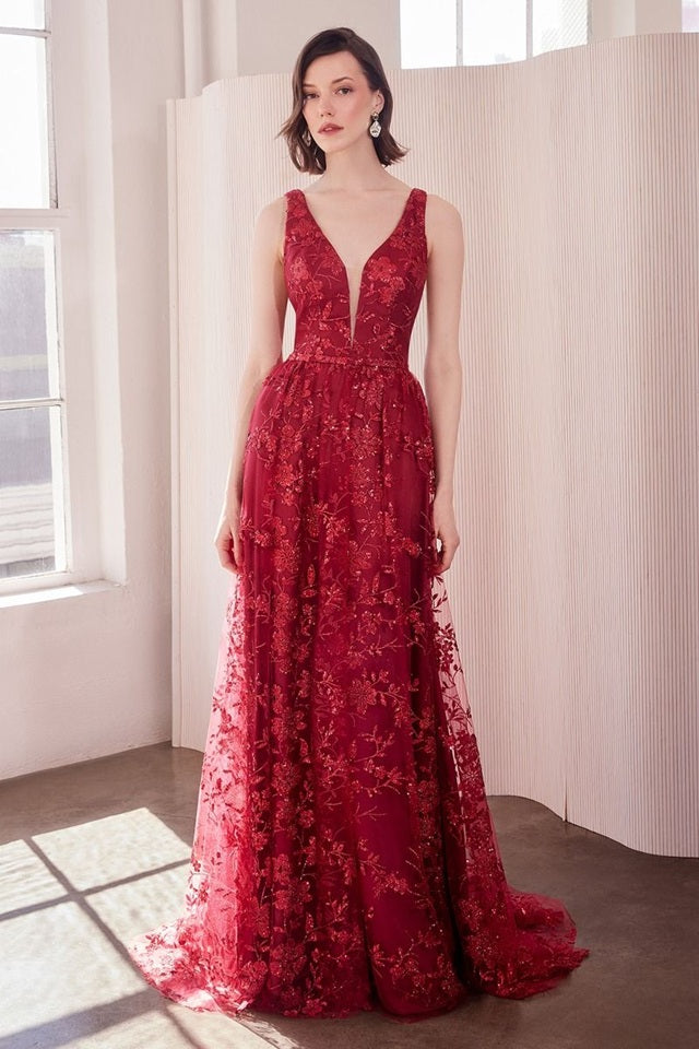 11563 Burgundy red floral glitter appliqué. Gorgeous A-line.