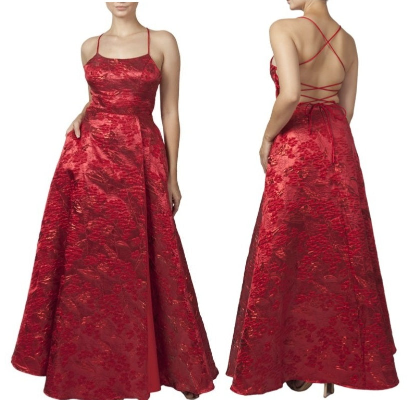 11575 Red jacquard satin.  Open back. Princess skirt