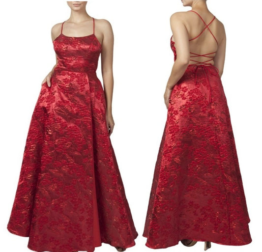 11575 Red jacquard satin.  Open back. Princess skirt