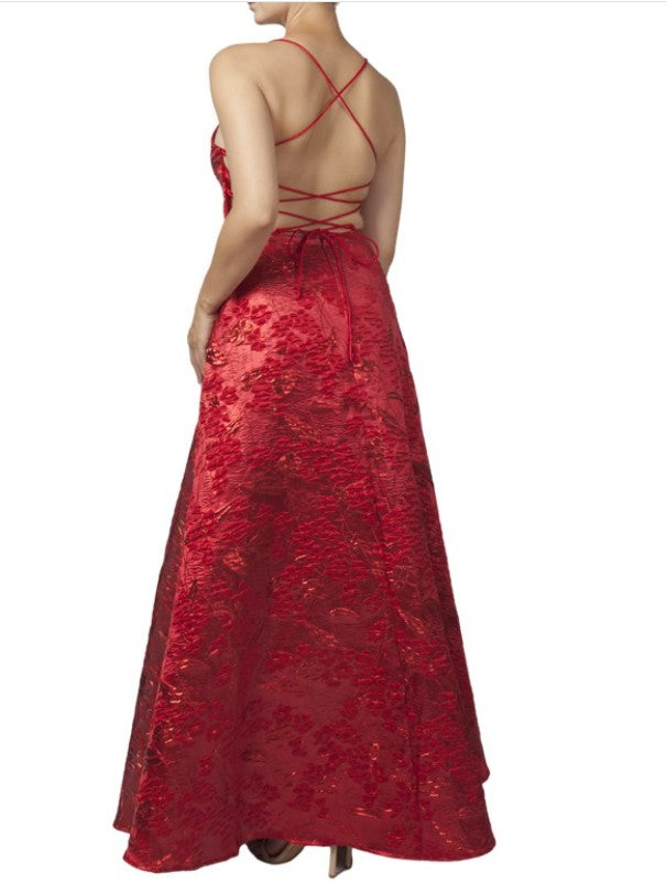 11575 Red jacquard satin.  Open back. Princess skirt
