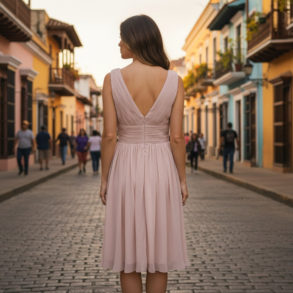 11603 Pink chiffon v neck midi