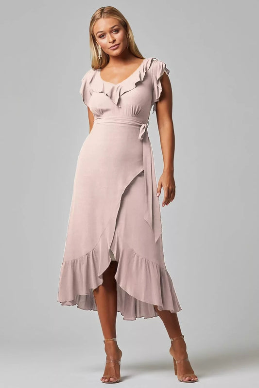 11604 Dusky pink high low. Frilled neckline HIRE.